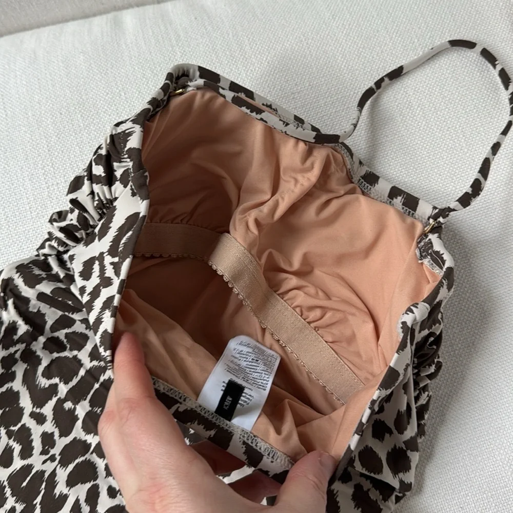 J.Crew Ruched bandeau one-piece swimsuit in leopard print.